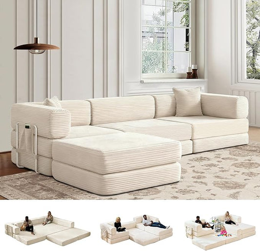 Folding Sofa Bed Convertable Corduroy Couch King Size Floor Sleeper 4-in-1 DIY Combination Modular Sofa Fold Out Futon Lounge Comfy Foldable Lazy cama for Living Room (Off-White)
