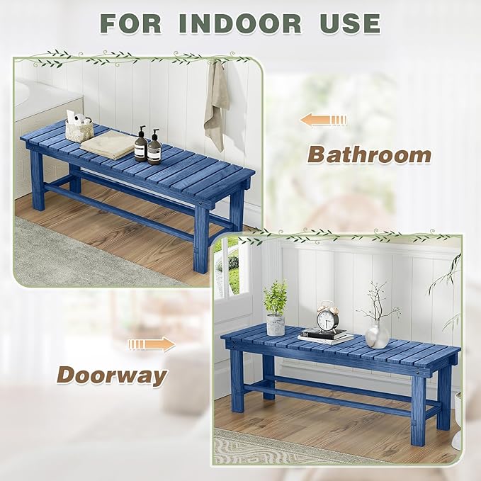 Outdoor Garden Wood Bench, 3-Person Weatherproof Wooden Bench Park Narrow Bench, Never Rot or Fade Waterproof Backless Bench for Entryway, Outdoor, Patio, Porch, Backyard and Park (Blue,47.2''/120cm)