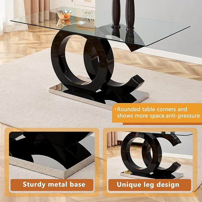 63'' Glass Dining Table Set for 4, Kitchen Table Chairs Set of 4, Clear Glass Dining Table with Black unique design Leg and Silver Metal Base, 4 PU Dining Chairs with Metal Legs, Living Room, Kitchen.