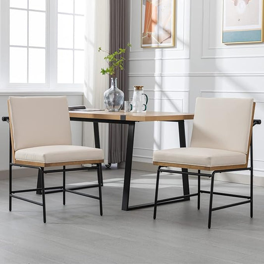 Modern Dining Chairs Set of 2, Comfy PU Leather Armless Side Chairs with Backrest Wooden Upholstered Seat Black Metal Legs for Dining Room Living Room, Beige