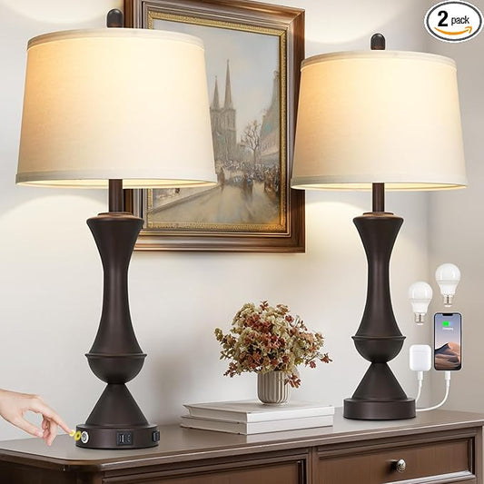 29" BrownTall Table Lamps for Living Room, Touch Control Bedroom Lamp with USB A+C Ports, 3-Way Dimmable Bedside Table Lamps Set of 2, Modern Metal Lamp for Nightstand