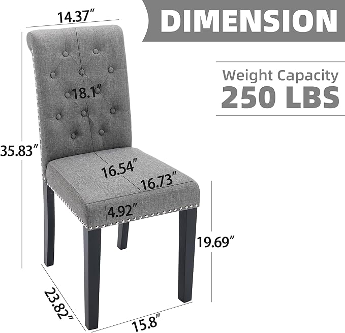Westice Dining Room Chairs Set of 6 Upholstered Fabric Kitchen Chairs Dining Room Side Chair with Nailhead Trim and Rubber Wood Legs for Small Space Apartment, Gray