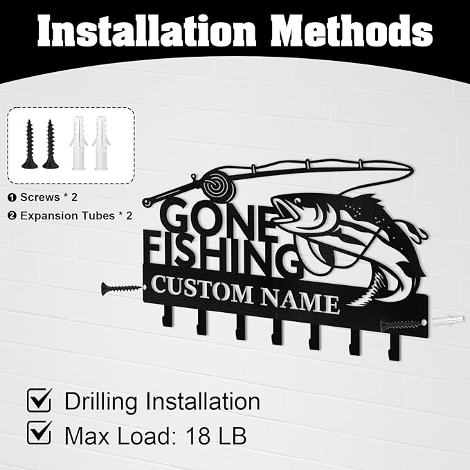 Personalised Fishing Key Holder for Wall, Key Holder Wall Mount, Lake Fishing Decor, Decorative Key Rack Coat Hooks for Bathroom Entryway Kitchen Doorway, Gifts for Fishermen