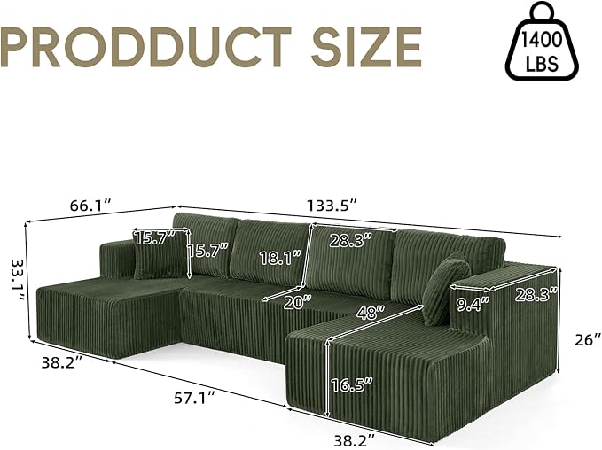 134 Inch Cloud Sectional Couch for Living Room,Corduroy Boneless Couches with L-Shape Chaise,Modern Modular Sectional Sofa with Deep Seat,No Assembly Required (Green, U-Shaped Sofa)