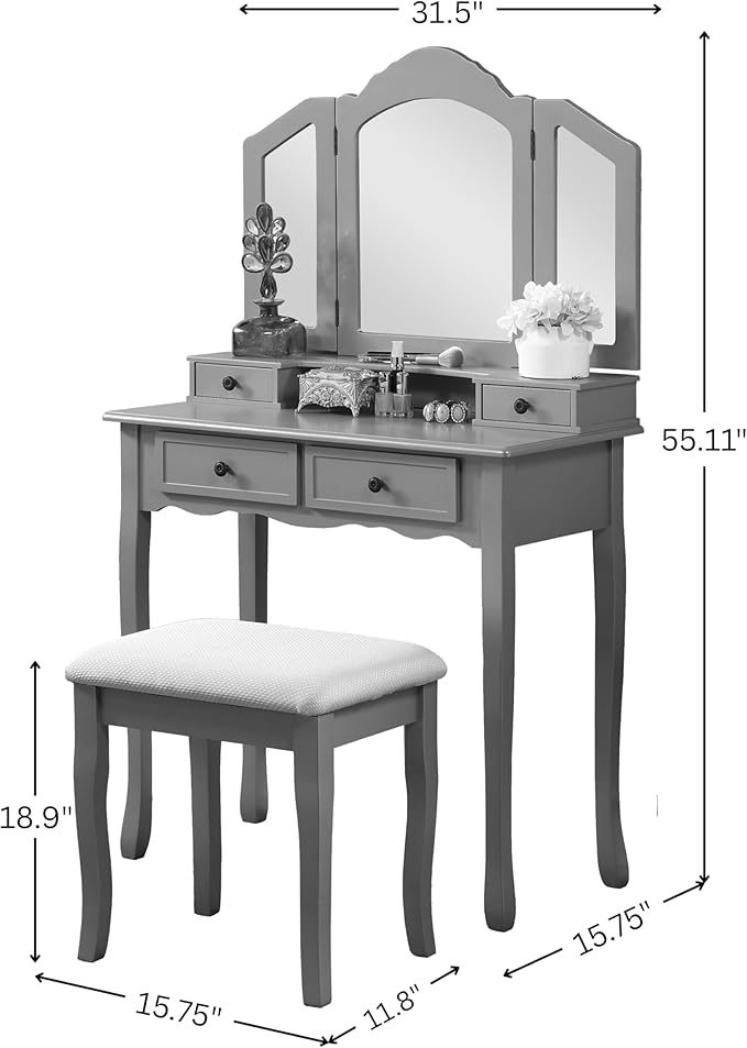 Roundhill Furniture Sanlo Wooden Vanity | Make Up Table and Stool Set | Silver