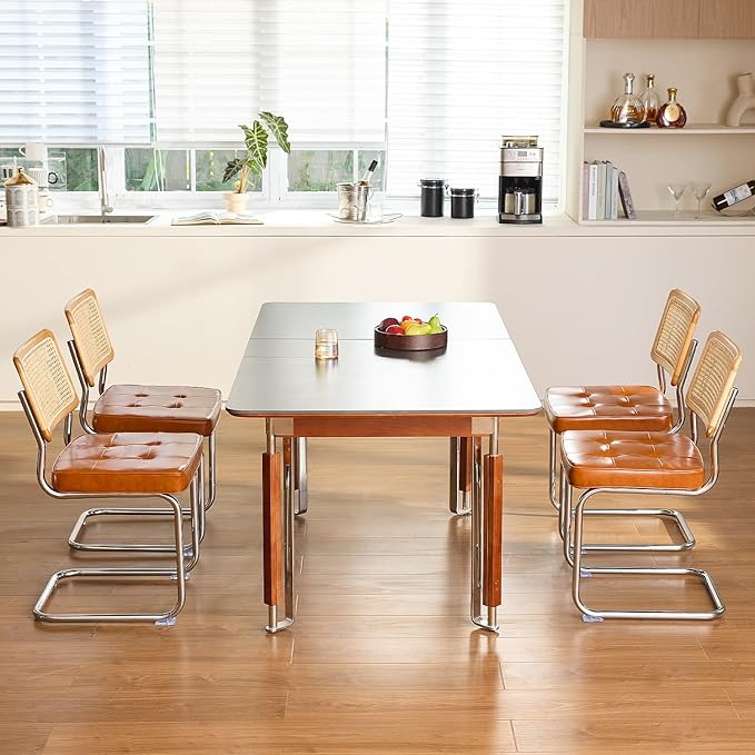 Brown Faux Leather Rattan Dining Chairs Set of 4, Wooden Mid Century Modern Dining Room Chairs, Mesh Back Cane Kitchen Chair, Cesca Design Chairs with Metal Chrome Legs