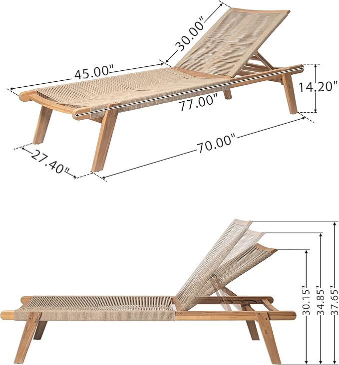 Christopher Knight Home Lurelala Set of 4 Outdoor Patio Wood Adjustable Chaise Lounges with Rope Seating, Rope Chaise Lounge with Acacia Wood Frame, Chaise Lounge for Poolside Balcony, Teak+Beige