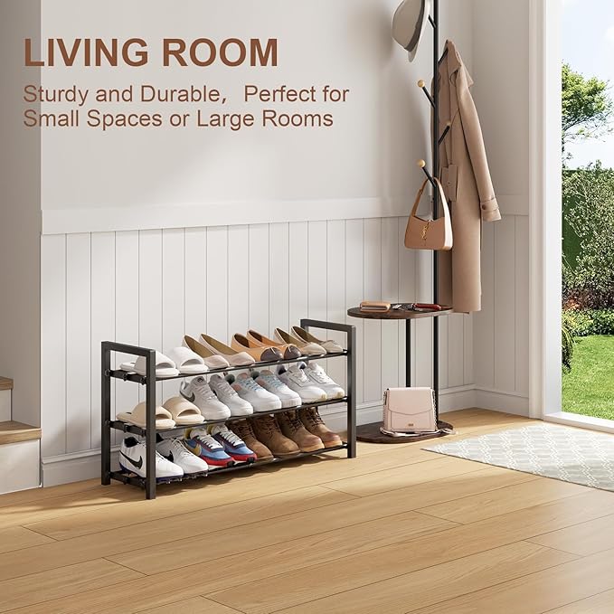 3-Tier Expandable Shoe Rack, Adjustable Shoe Shelf Storage Organizer Heavy Duty Metal Free Standing Shoe Rack for Entryway Closet Doorway (Black)