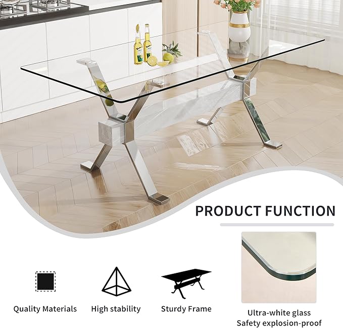 Modern Rectangular Glass Dining Table for 6-8 with Tempered Glass Tabletop and Silver Plated Metal Legs for Kitchen Dining Room(Silver4)