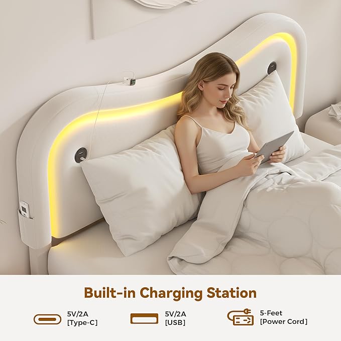 Queen Size Floating Bed Frame with LED Lights, Velvet Upholstered HeadboardBed Frame, Rounded Corners, Charging Station, No Box Spring Needed, Easy Assembly, White