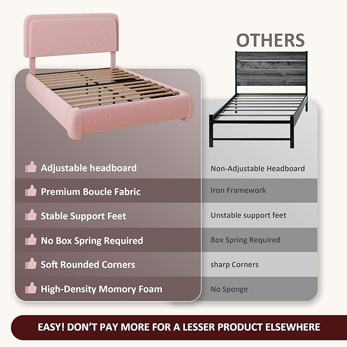 Queen Boucle Platform Bed Frame with Height Adjustable Headboard, Modern Upholstered Cloud Bed, Sleek Curved Design, No Box Spring Needed, Easy Assembly, Noise Free, Pink