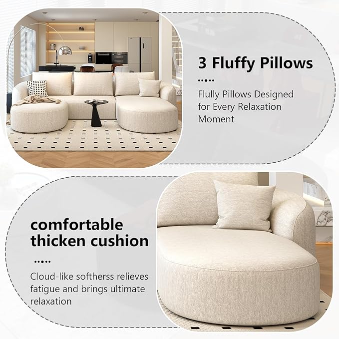 111" Modular Sectional Couches Luxury Modern Curved Back U-Shape Sofa Set with Ottoman,Minimalist Comfy Boneless Cloud Couch for Living Room Apartment,(Right Facing Chaise,White)