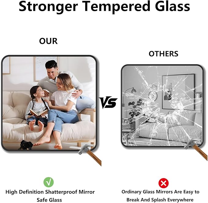 Koonmi Bathroom Mirror, 36X36 Brushed Black Metal Framed Wall-Mounted Mirror for Over Sink, HD Tempered Glass, Anti-Rust, Rounded Rectangle Mirror for Restroom, Bedroom, Hangs Horizontal or Vertical