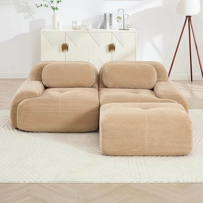 80" Modern Corduroy Boneless Love Seat Couches with 1 Ottoman, 2 Seater Large Sectional Couches for Living Room, Camel Cloud Modular Sectional Sofa, Memory Foam, Extra Deep Loveseat, No Assembly
