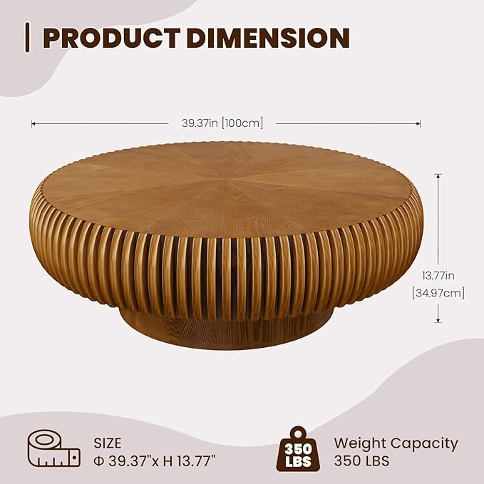 Round Drum Coffee Table for Living Room, Mid Century Modern Coffee Table with Sturdy Pedestal, Farmhouse Fluted Circle Center Table Accent Tea Table for Apartment (Large Brown)