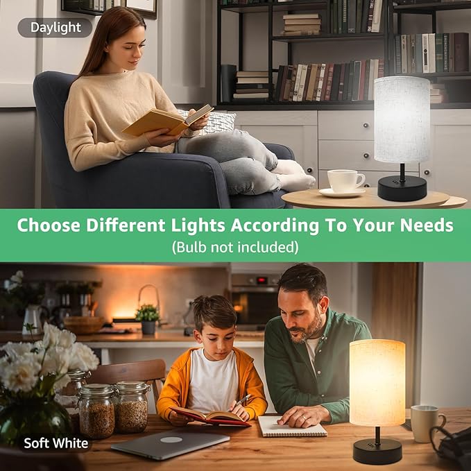 Small Table Lamp, Minimalist with Flaxen Shade, 9 Inch Design for Bedroom & Dorm Room, 2 Pack