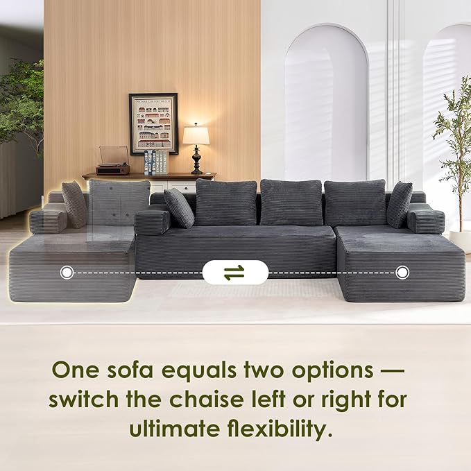 105" L-Shaped Modular Sectional Sofa with L-Shaped Boneless Couch, Cloud Couches for Living Room with Removable Arms, Convert Left/Right Facing, Plush Corduroy, No Assembly, Grey