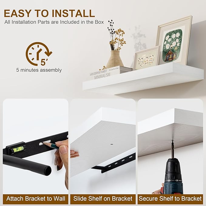 Fun Memories Floating Shelves for Wall, 36Inch Floating Shelves Set of 2, Hanging Shelf with Invisible Brackets, Bathroom Shelves for Living Room, Bedroom, Kitchen- White