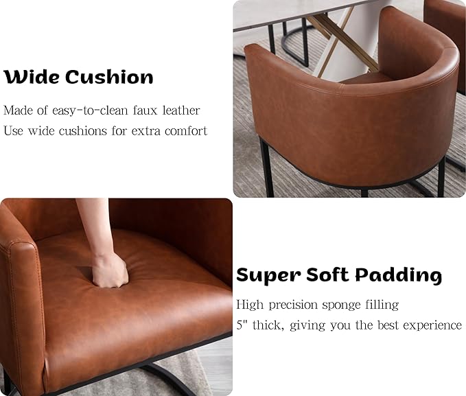 Faux Leather Dining Chairs Set of 4 Modern Barrel Arm Chairs with Black Metal Frame, Upholstered Kitchen Chairs 18.5" Wide Accent Chairs for Living Room Dining Room Restaurant, Brown