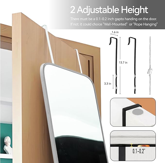 57x20 Door Hanging Full Length Mirror, Floor Stand (Height 5.7ft just Body in1.3ft) Wall Mounted Metal Frame Rectangle Dressing Mirrors for Bedroom Room 57 inch Silver