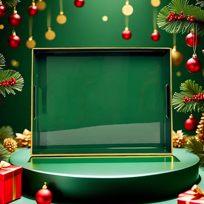 Large Green Rectangular Decorative Tray – Plastic Serving Tray with Handles for Coffee Table, Ottoman, Living Room, 15.7” x 11.8” x 1.6
