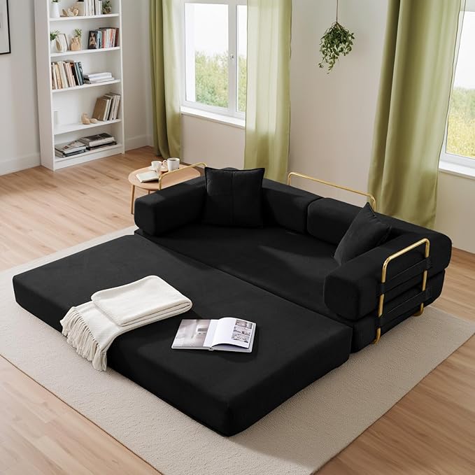 Antetek Convertible Futon Sofa Bed, 3-Seater Modern Corduroy Foam Floor King Size Bed Fold Out Sleeper Lounge Loveseat Sofa Couch with 2 Throw Pillows for Living Room Bedroom Guest Room, Black