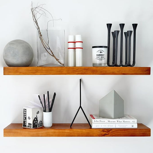 Homeforia Oak Floating Shelves 30 inch Long, High End Solid Real Wood 30inch Floating Shelves for Wall Mounted, Honey Oak Wooden 30in Floating Shelf, Heavy Duty Bracket, 30 X 6.5 X 1.75 in, Set of 4