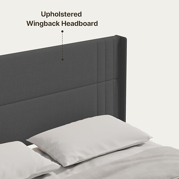 Gizoon King Size Bed Frame, Wingback Upholstered Platform Bed with Steel Frame, Wooden Slats, Noise-Free, No Box Spring Needed