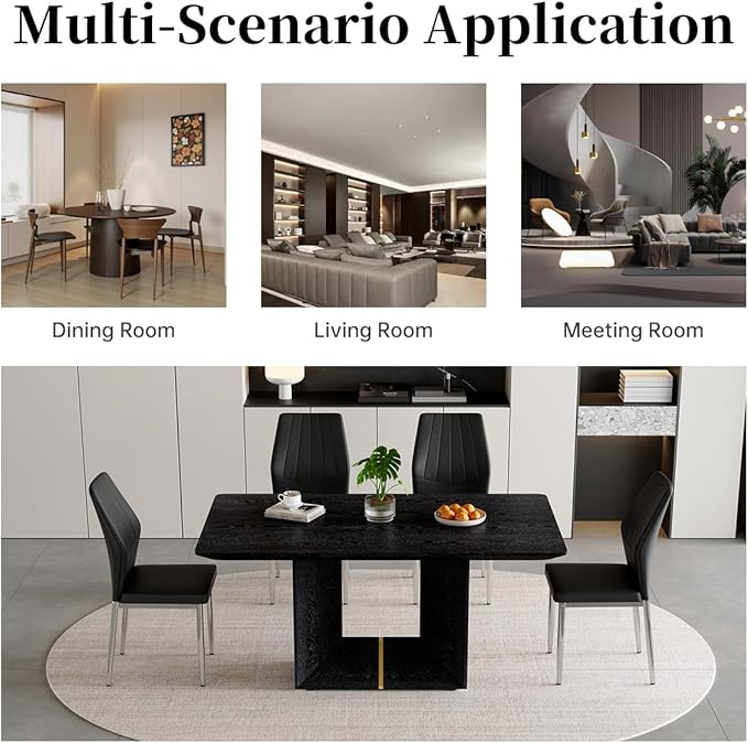 63" Modern Black Dining Table Set for 4 with Chairs, 5 Piece Rectangular Dining Room Table and 4 PU Leather Chairs, Kitchen Dining Set with Matte Wood Finish, Geometric Base, Easy Assembly