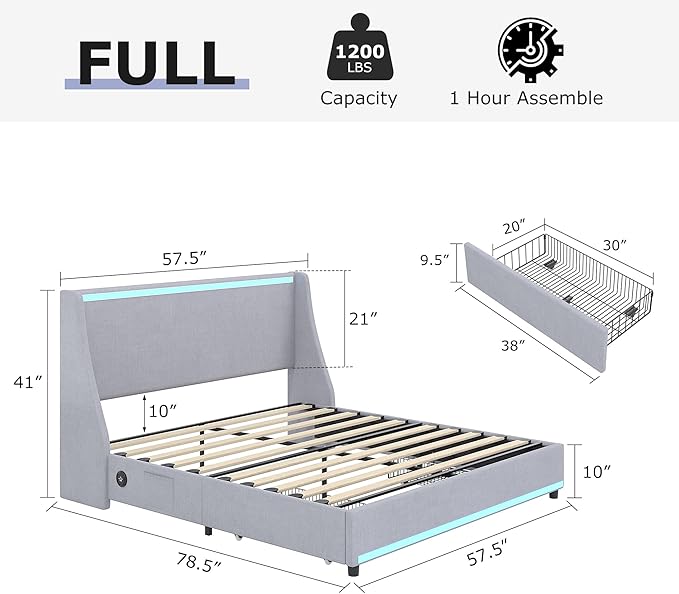 VECELO Full Size Bed Frame with Storage Drawers, Upholstered Platform Bedframe with Wingback Headboard, No Box Spring Needed, Light Grey