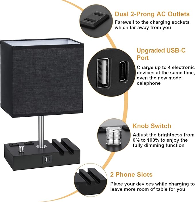 Kakanuo Table Lamp for Bedroom with Dual USB Ports, Fully Dimmable Black Bedside Lamp with Phone Stands and 2 Charging Outlets, Desk Lamp for Nightstand and Living Room, LED Bulb Included