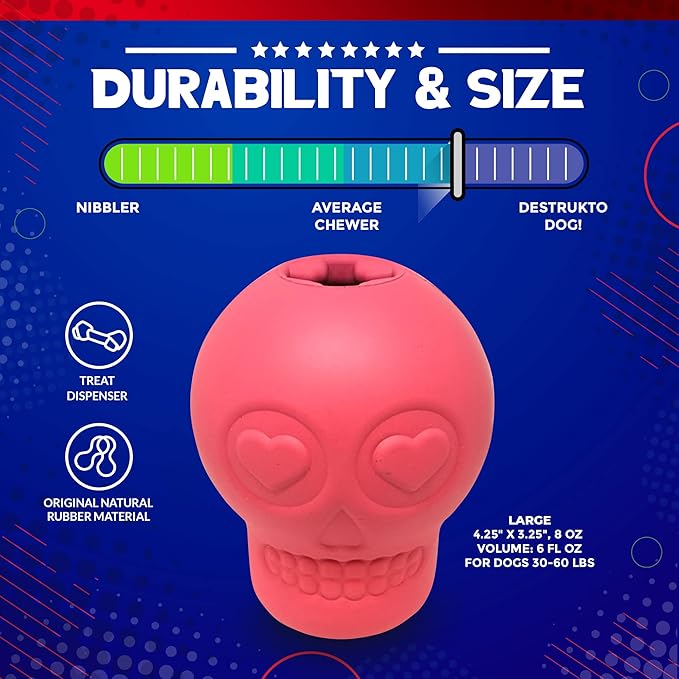 SodaPup MuttsKickButt Magnum Skull – Dog Treat Dispenser & Chew Toy Made in USA from Our Most Durable Non-Toxic, Pet-Safe, Food Safe Natural Rubber for Mental Stimulation, Problem Chewing, & More