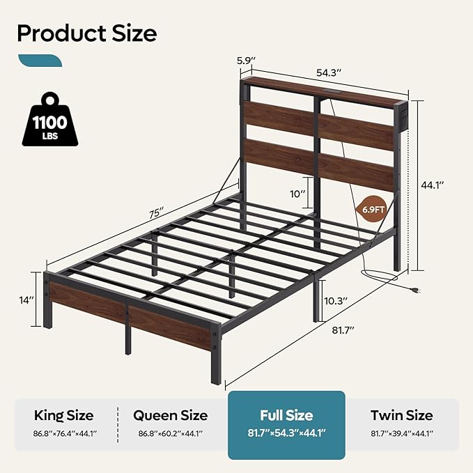 Bestier Full Bed Frame with Headboard Storage and Charging Station, Walnut Platform Bed Frame with LED Light, Non-Slip Metal Bed Frame Full Size, Noise-Free, Easy Assembly, Walnut