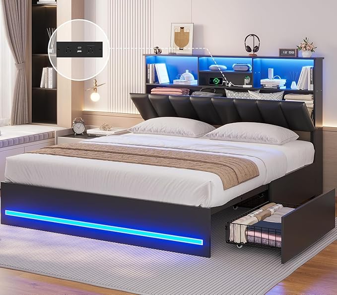 AOGLLATI Queen Bed Frame with Stylish Bookcase Headboard & Charging Station & LED Lights,Queen Size Bed Frame with 4 Drawers and Metal Slats, No Box Spring Needed,Black