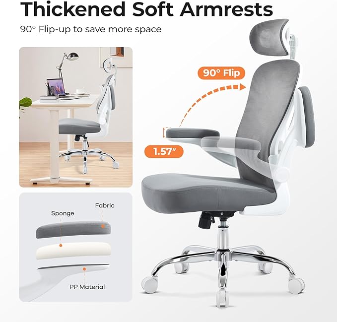Office Chair Ergonomic Office Chair with Lumbar Support, Head Support, Rocking Function, FILP-up Armrests, Mesh High Back Chair Home Office Desk Chair, Suitable for Home, Office, Grey