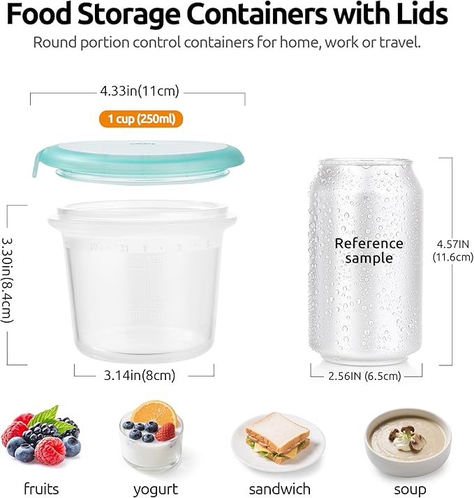 U-Taste 1 Cup Silicone Food Container: Small Kitchen Storage with Airtight Lid, Freezer & Microwave Safe, Fruit Box with Date Marking Circle, Clear Stackable for Meal Prep Portion (Set of 2, Aqua Sky)
