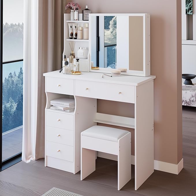 KEIKI Vanity Desk with Sliding Mirror & Cushioned Stool, 37'' Makeup Dressing Table Set for Bedrooms, Dorms, Apartments, White