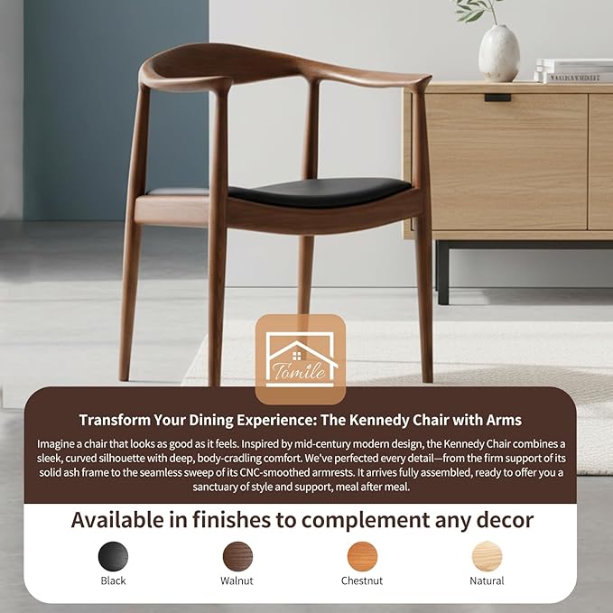 Tomile Upholstered Dining Chair Kennedy Armchair, Mid Century Modern Kitchen & Dining Chairs with PU Leather Cushion Seat, Hans Wegner Elbow Chair for Living Room Bedroom Office (Walnut Color)