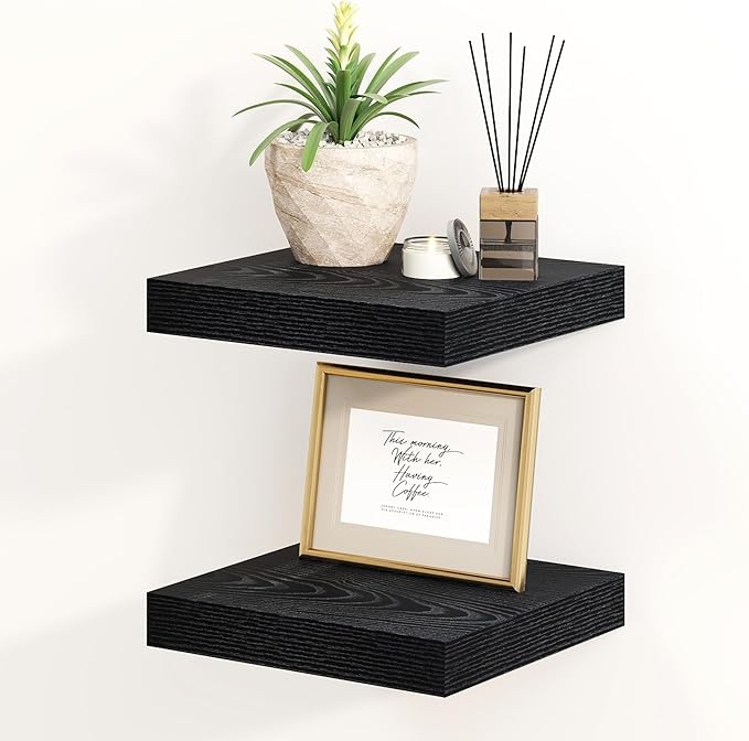 Fun Memories Black Floating Shelves 8 Inch Long, 8" Deep Wall Shelves, Small Deep Floating Shelf Square Wall Shelf, Rustic Display Shelves for Living Room, Bathroom, Kitchen, Set of 2