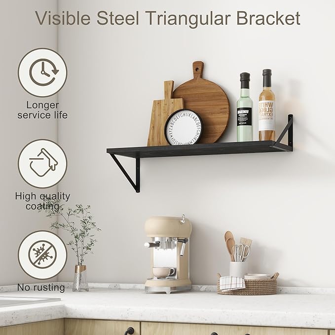 Fun Memories 27.5" W x10 D Floating Shelves, Black Wall Shelf with Brackets, 10 Inch Deep Floating Shelf Set of 2, Large Storage Kitchen Living Room Bathroom Shelves, Wood Wall Mounted Shelf