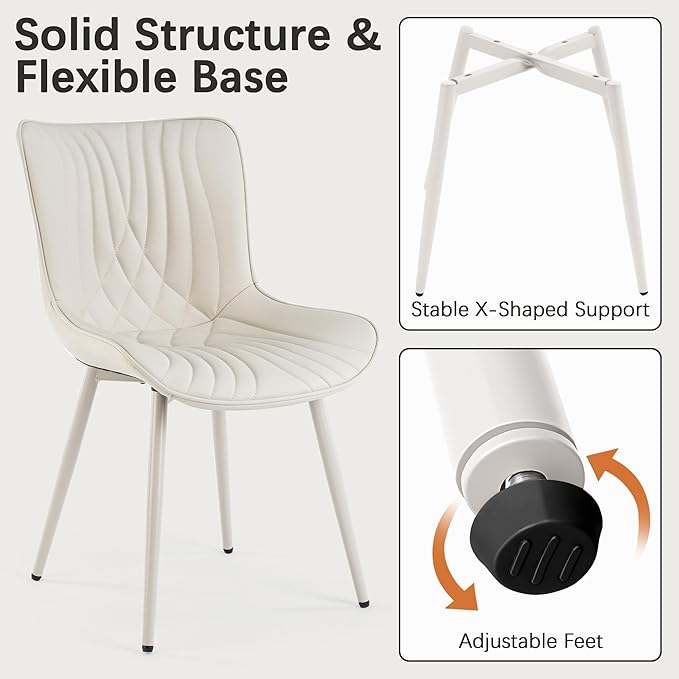 YOUTASTE Cream Dining Chairs Set of 2, Mid Century Modern Comfy Kitchen Chair, Upholstered Faux Leather, Cream Metal Legs, Armless Accent Chairs for Bedroom Vanity Lounge