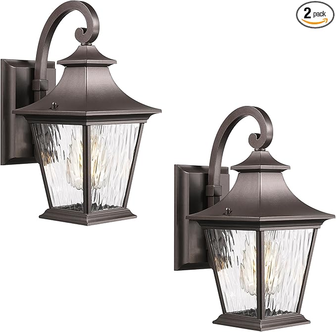 Emliviar 2 Pack Outdoor Wall Lights, Exterior Wall Lantern Sconce for Garage Patio, Oil Rubbed Bronze Finish with Water Ripple Glass, XE219B-2PK ORB
