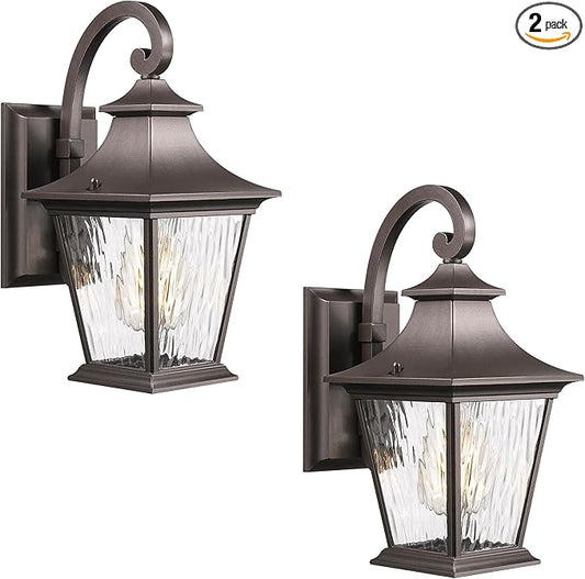 Emliviar 2 Pack Outdoor Wall Lights, Exterior Wall Lantern Sconce for Garage Patio, Oil Rubbed Bronze Finish with Water Ripple Glass, XE219B-2PK ORB