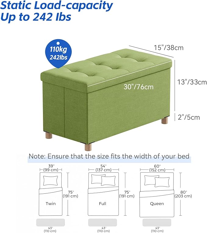 BRIAN & DANY 30 Inches Folding Storage Ottoman Bench, Ottoman with Storage Bench for Bedroom, Living Room, Entryway, Foot Rest with Legs, Bright Green