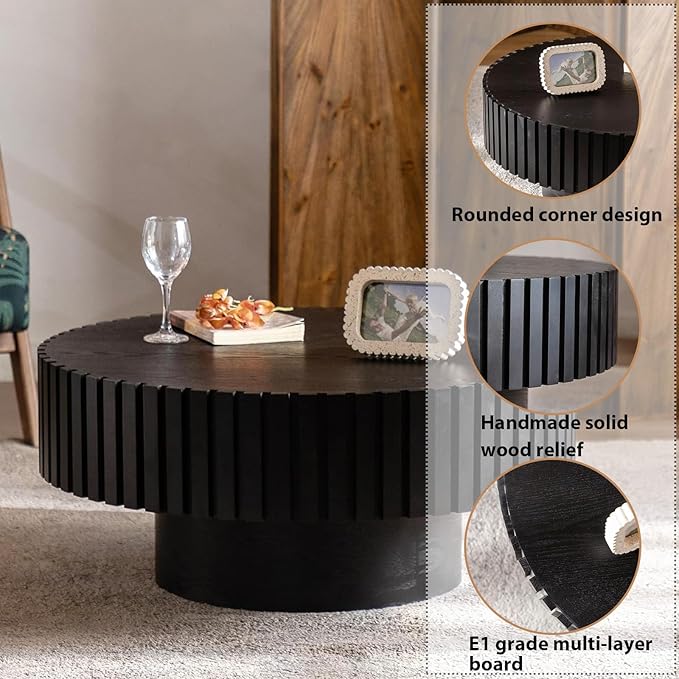Round Coffee Table, Handcrafted Fluted Drum Coffee Tables Modern Wood Coffee Table Circle Drum Center Table for Living Room, Apartment (Round Black)