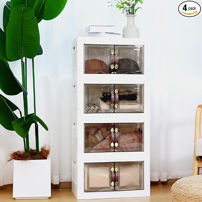 MOONEDGE 140QT Stackable Plastic Storage Bins with Lids & Handles, Foldable Collapsible Closet Organizer with Magnetic Doors and Side Locking, 4 Pcs for Living Room, Office, Garages