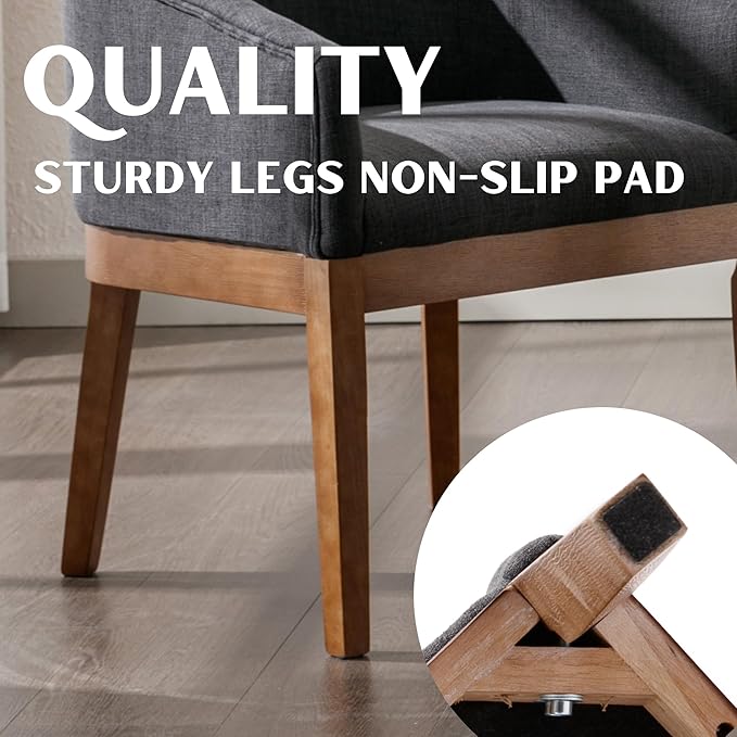 Mid-Century Modern Charcoal Dining Chairs Set of 4, Linen Upholstered Kitchen Dining Room Chairs with Wood Legs, Curved Backrest Armchairs, Charcoal