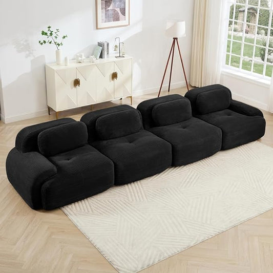 152" Modern Corduroy Cloud Sofa, Boneless Modular Large Sectional Couches for Living Room, Black 4 Seater Compressed Memory Foam Couch, Extra Deep Seat, No Assembly