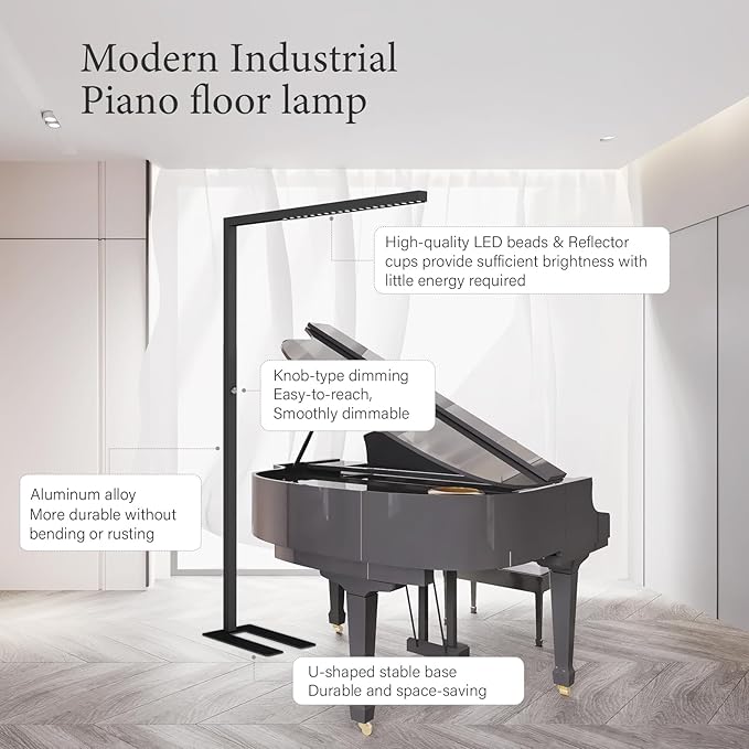 STERREN 77" LED Floor Lamp, 7350LM Dimmable Eye-Care Standing Piano Lamp, 70W Modern Tall Reading Light Bright Lighting for Office Living Room Bedroom, 4000K Natural Daylight - Black