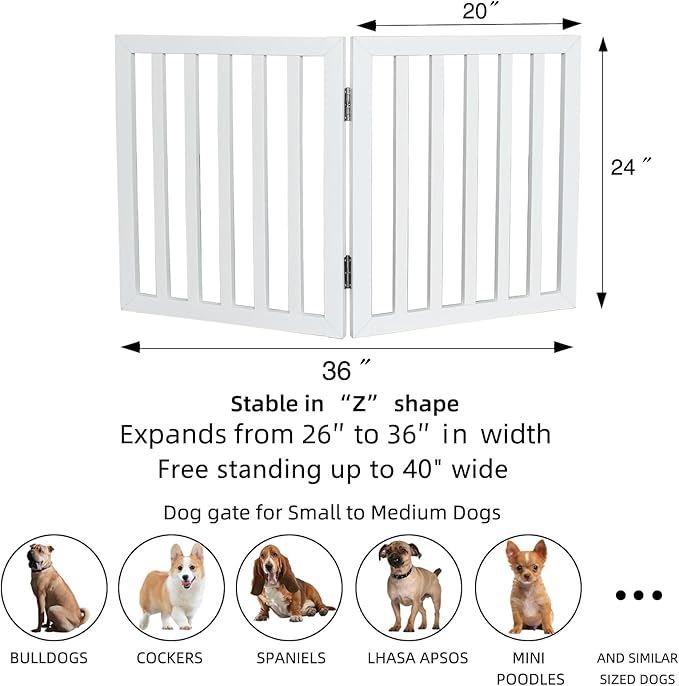 ZJSF Freestanding Indoor Dog Gate for House Foldable Wood White Puppy Gate for Doorways Pet Gate for Stairs Extra Wide Pet Fence 24" Height 2 Panels